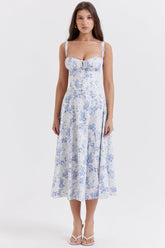 Felizia – Sommerkleid mit Puffärmeln und blauem Aufdruck